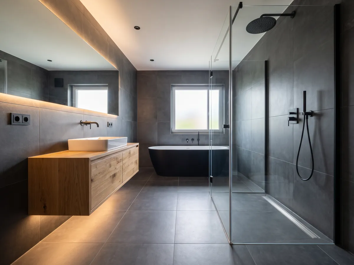 Fertig saniertes Bad mit bodengleicher Dusche, Anthrazitfliesen und schwarzer Wanne