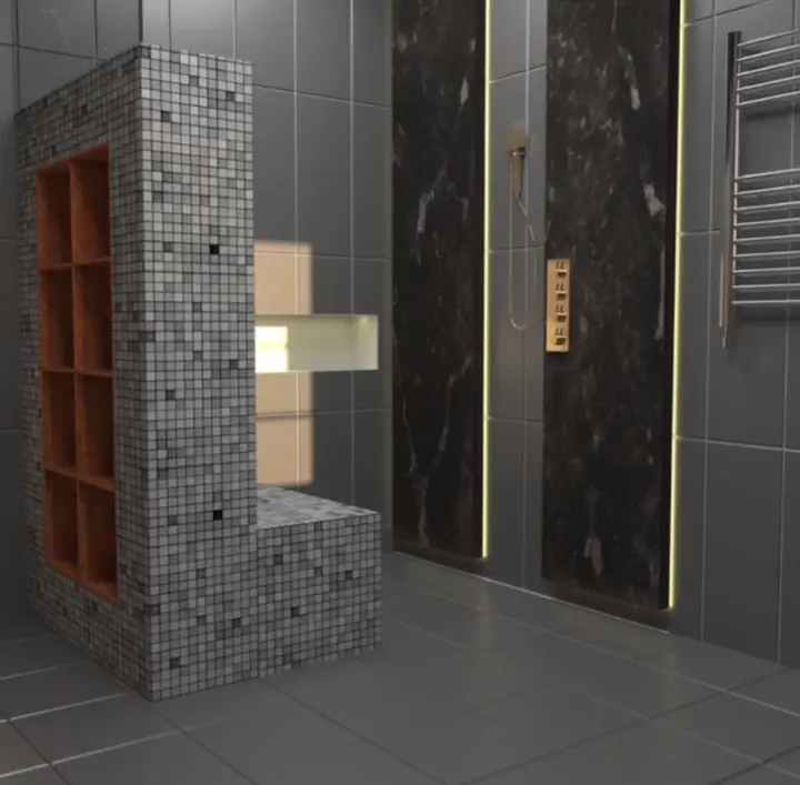 3D-Planung eines Bades mit Mosaikwand und Regalnische