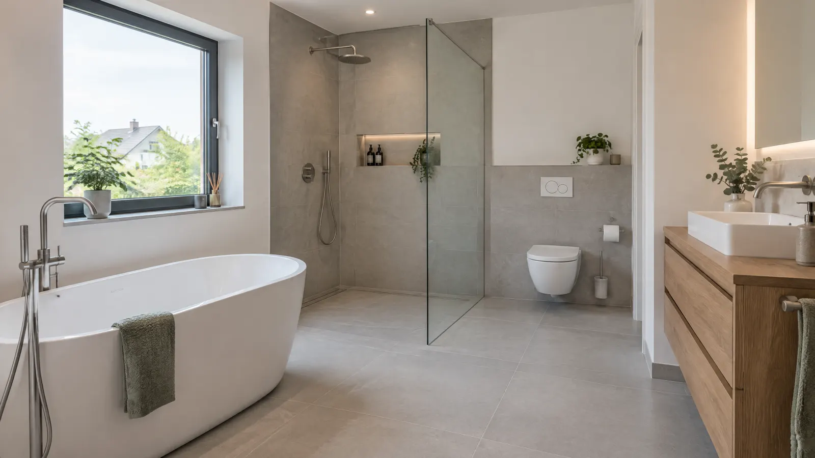 Fertiges Bad mit freistehender Wanne, Glasdusche und großen Bodenfliesen